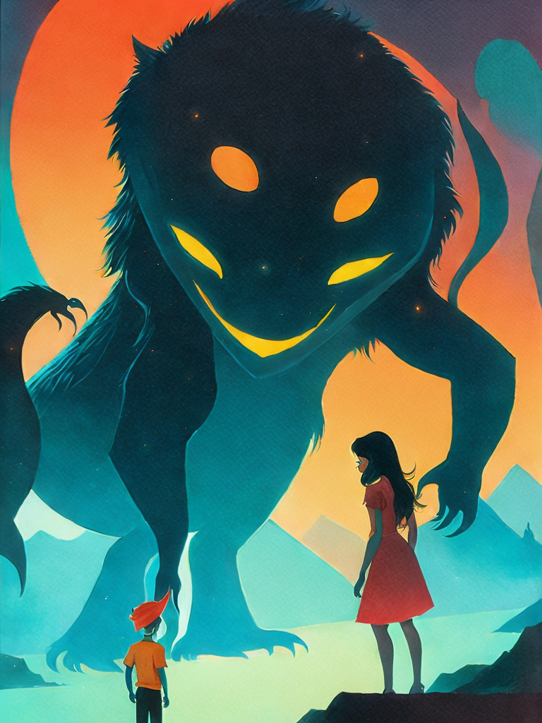 00780-3607638188-a painting of a woman looking at a giant creature with glowing eyes and a small boy standing in front of it by Ralph Bakshi.png